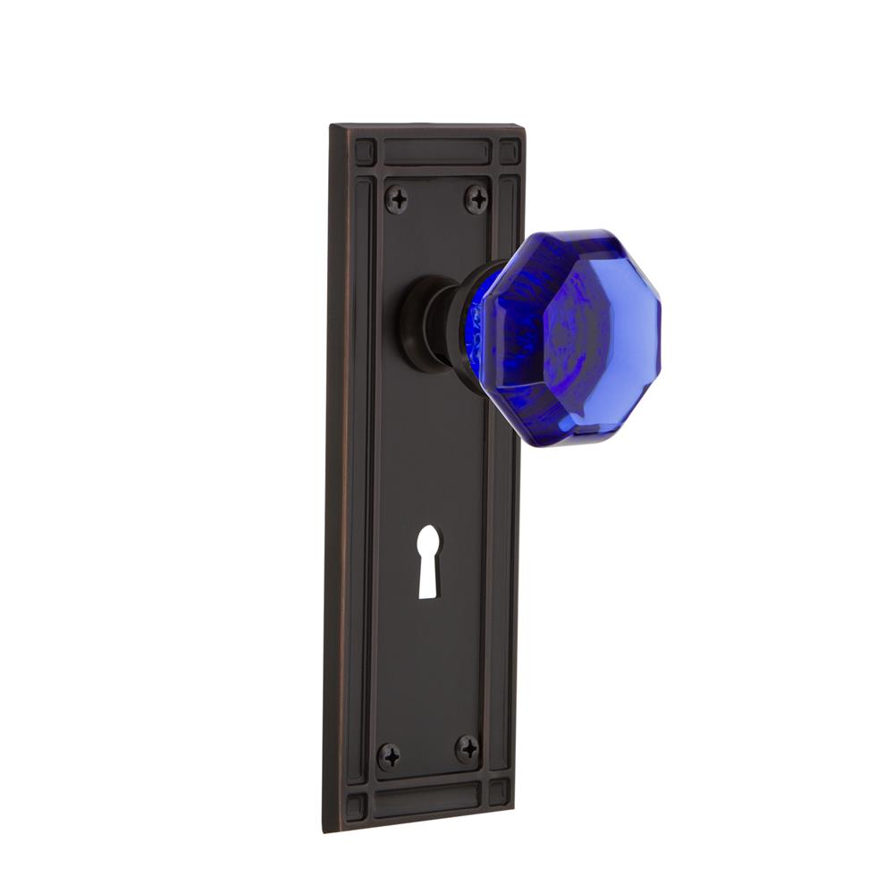 Nostalgic Warehouse MISWAC Colored Crystal Mission Plate with Keyhole Single Dummy Waldorf Cobalt Door Knob in Timeless Bronze